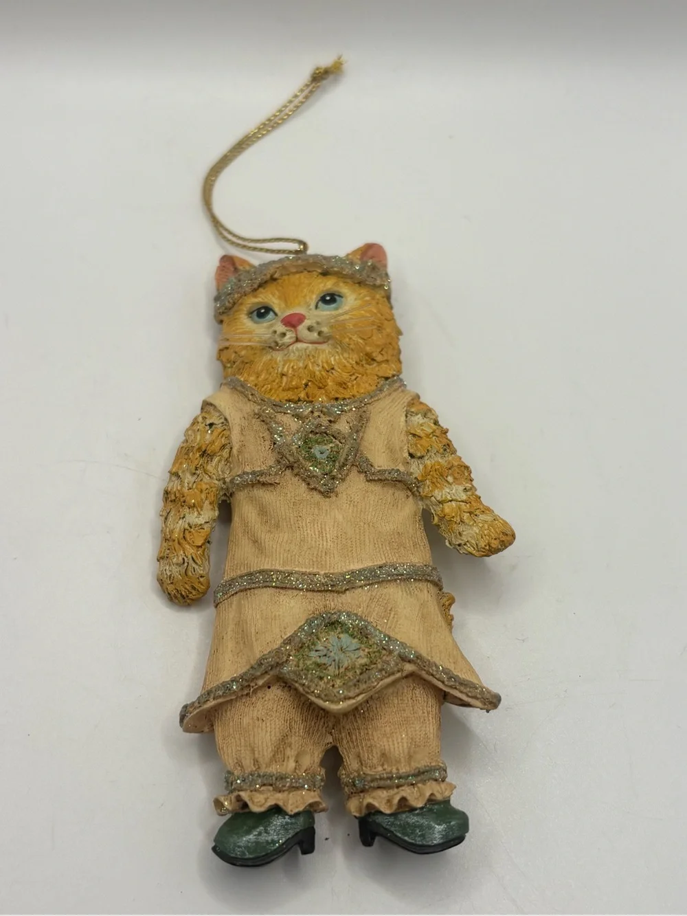 Vintage Anthropomorphic Orange Tabby Cat Christmas Ornament Victorian Glitter 4.